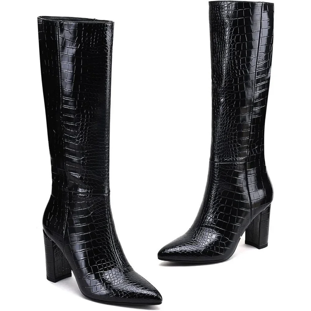 Women's Black Tall Long Calf High Chunky Faux Crocodile Knee High Boots
